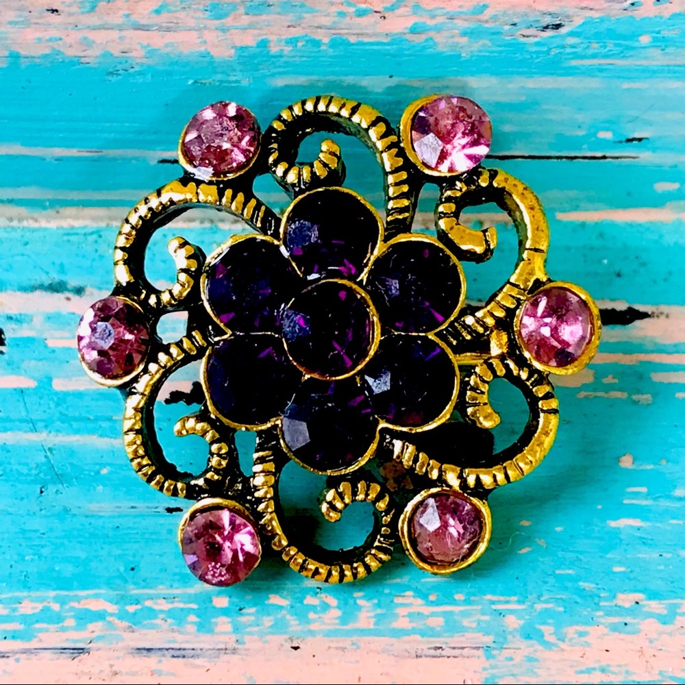 Vintage Inspired Gramacore Style Purple & Gold-Tone Crystal Brooch Pin